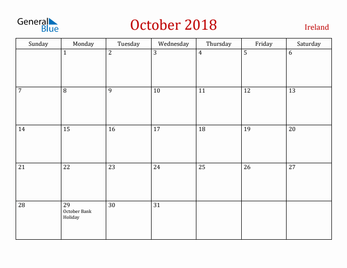 Ireland October 2018 Calendar - Sunday Start