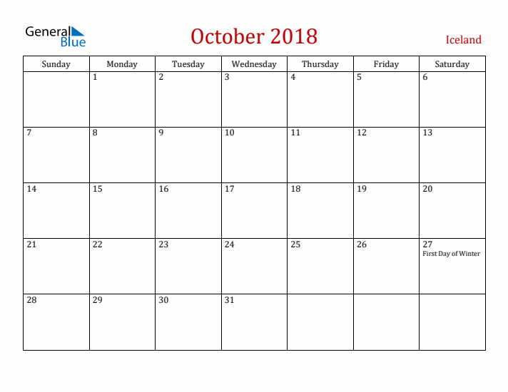 Iceland October 2018 Calendar - Sunday Start