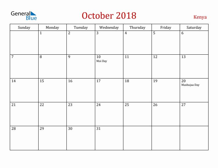 Kenya October 2018 Calendar - Sunday Start