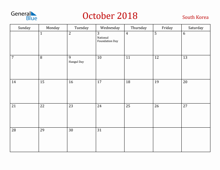 South Korea October 2018 Calendar - Sunday Start