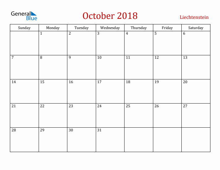 Liechtenstein October 2018 Calendar - Sunday Start