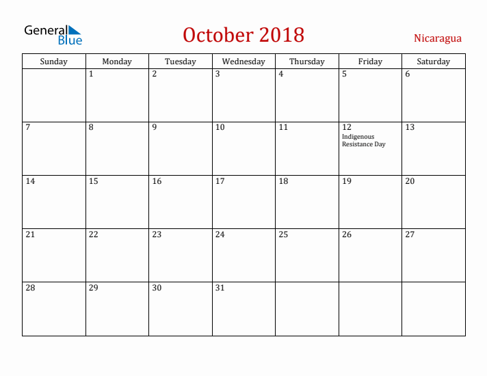 Nicaragua October 2018 Calendar - Sunday Start