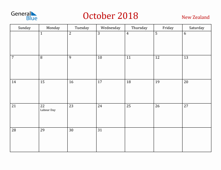 New Zealand October 2018 Calendar - Sunday Start