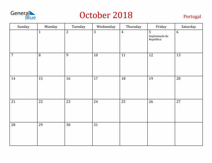 Portugal October 2018 Calendar - Sunday Start