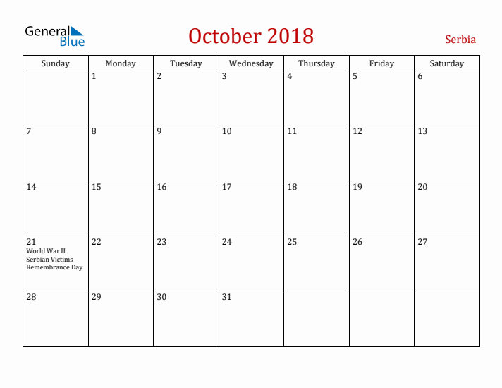 Serbia October 2018 Calendar - Sunday Start