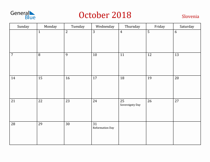 Slovenia October 2018 Calendar - Sunday Start