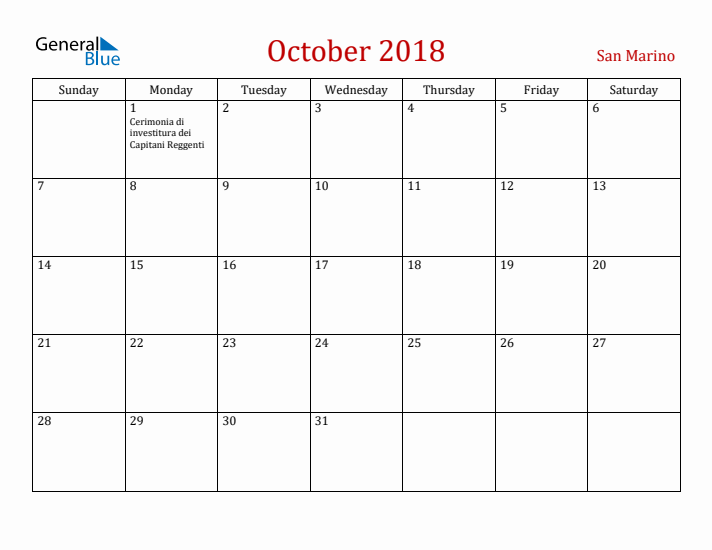 San Marino October 2018 Calendar - Sunday Start