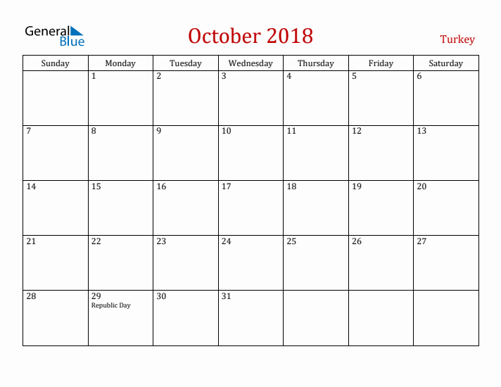 Turkey October 2018 Calendar - Sunday Start