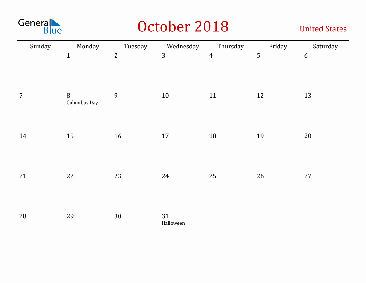 October 2018 Calendar Usa Holidays Pdf Download October 2018 Calendar Usa