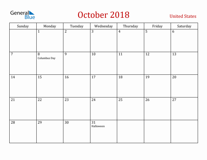 United States October 2018 Calendar - Sunday Start
