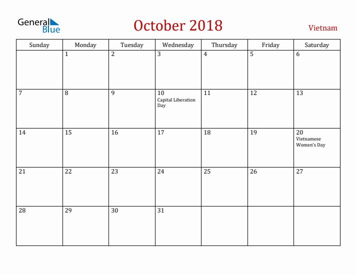Vietnam October 2018 Calendar - Sunday Start