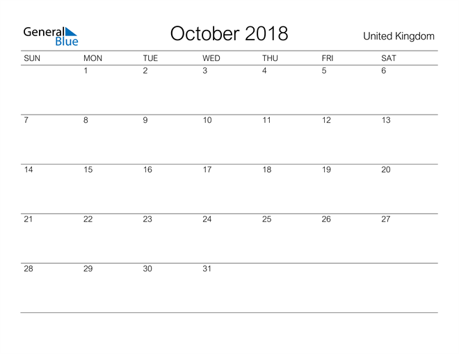 Printable October 2018 Calendar for United Kingdom