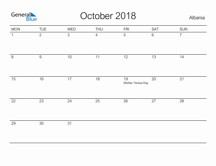 Printable October 2018 Calendar for Albania