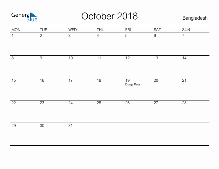 Printable October 2018 Calendar for Bangladesh