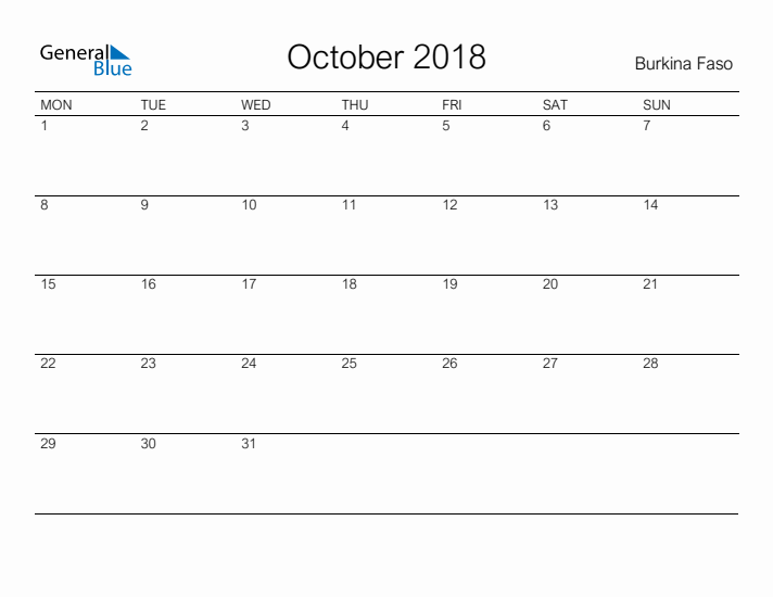 Printable October 2018 Calendar for Burkina Faso
