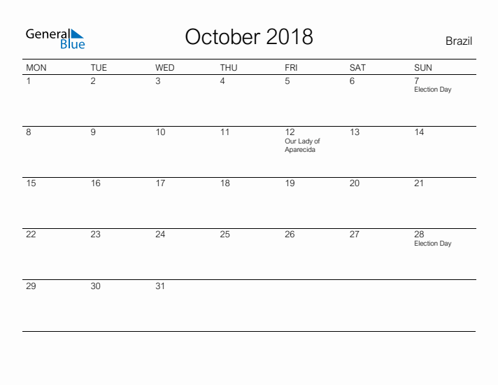 Printable October 2018 Calendar for Brazil