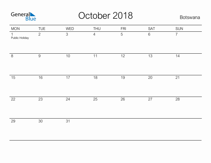 Printable October 2018 Calendar for Botswana