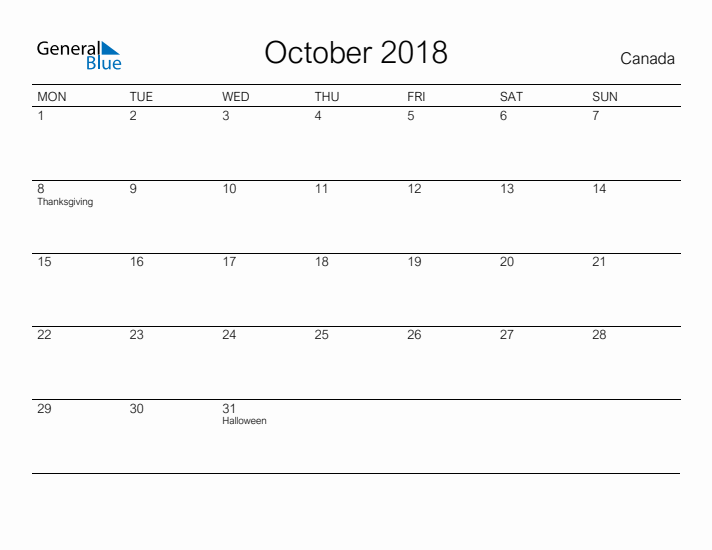 Printable October 2018 Calendar for Canada