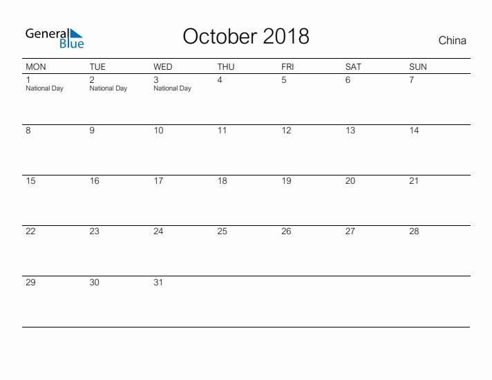 Printable October 2018 Calendar for China