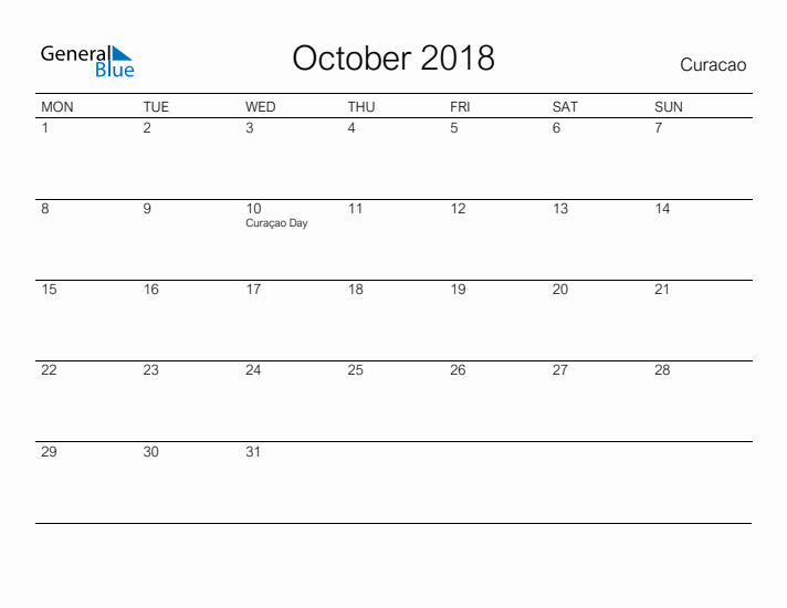 Printable October 2018 Calendar for Curacao
