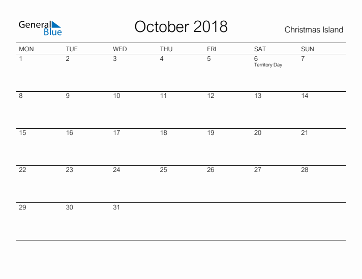 Printable October 2018 Calendar for Christmas Island