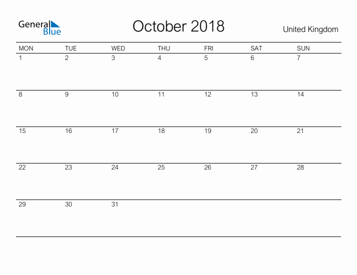 Printable October 2018 Calendar for United Kingdom