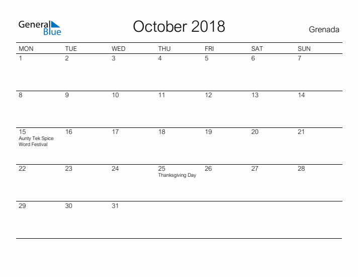 Printable October 2018 Calendar for Grenada