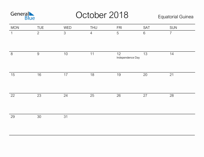Printable October 2018 Calendar for Equatorial Guinea