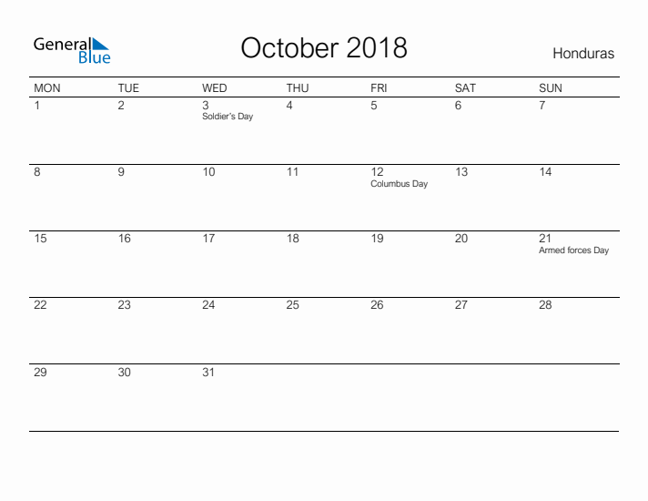 Printable October 2018 Calendar for Honduras