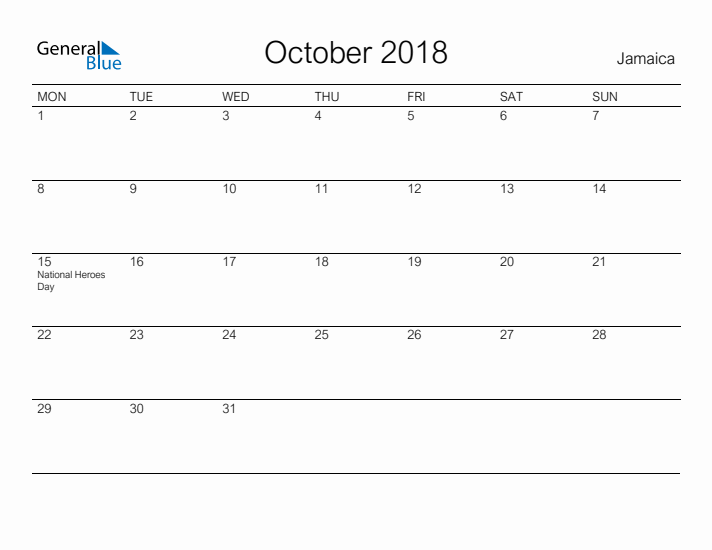 Printable October 2018 Calendar for Jamaica