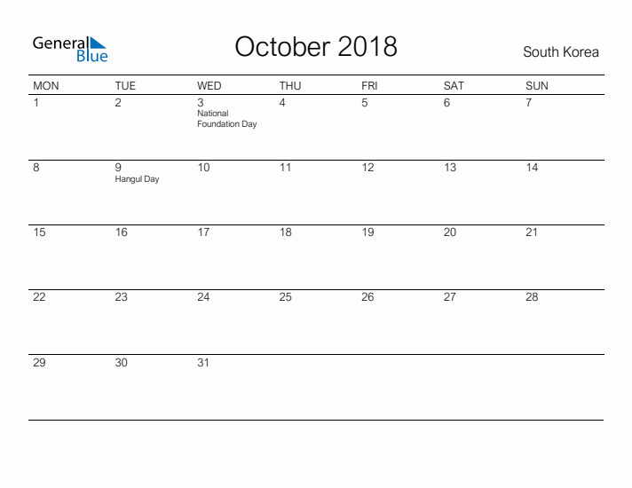 Printable October 2018 Calendar for South Korea