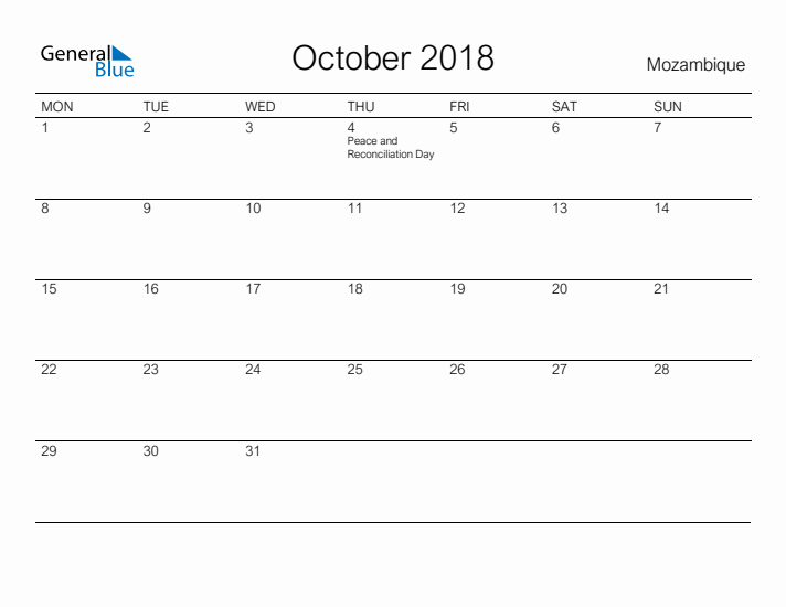 Printable October 2018 Calendar for Mozambique