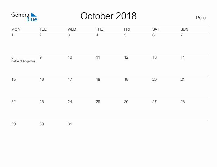 Printable October 2018 Calendar for Peru