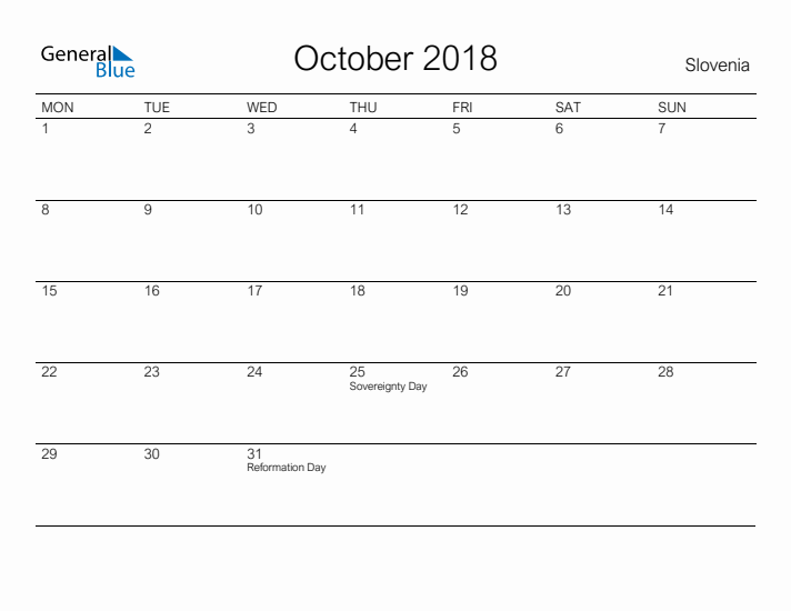 Printable October 2018 Calendar for Slovenia