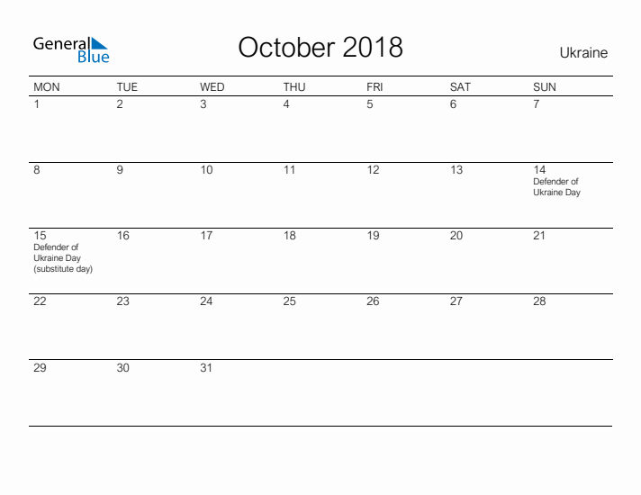 Printable October 2018 Calendar for Ukraine