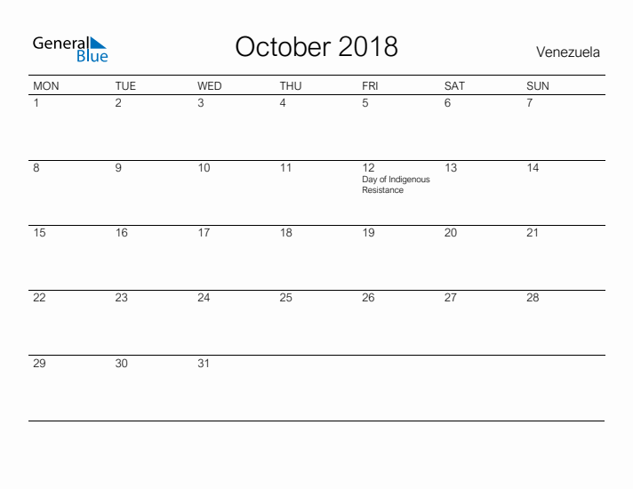 Printable October 2018 Calendar for Venezuela