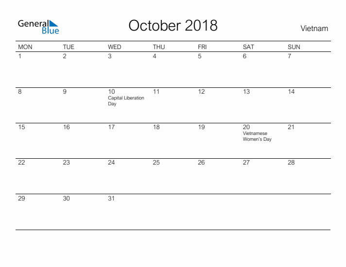 Printable October 2018 Calendar for Vietnam