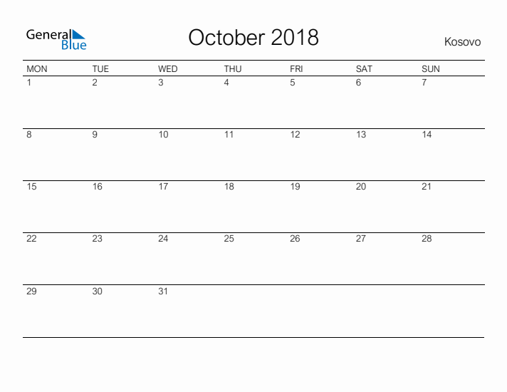 Printable October 2018 Calendar for Kosovo