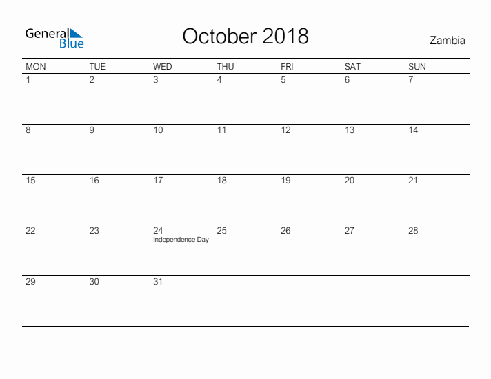Printable October 2018 Calendar for Zambia
