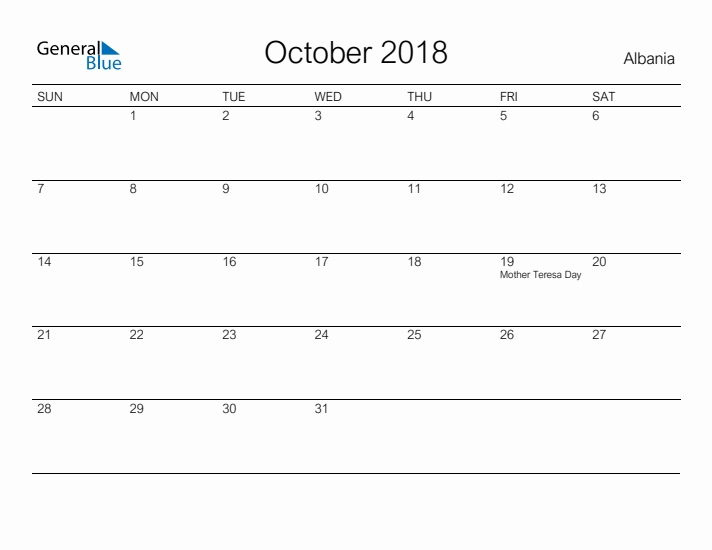 Printable October 2018 Calendar for Albania