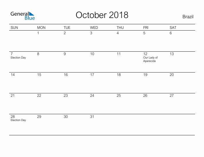 Printable October 2018 Calendar for Brazil