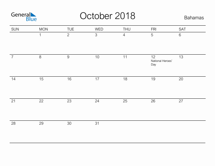 Printable October 2018 Calendar for Bahamas
