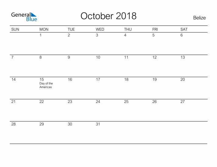 Printable October 2018 Calendar for Belize