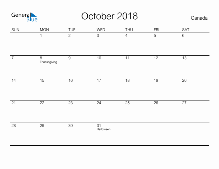 Printable October 2018 Calendar for Canada