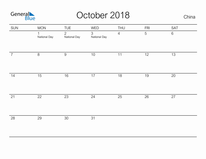 Printable October 2018 Calendar for China