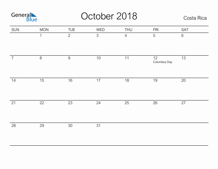 Printable October 2018 Calendar for Costa Rica