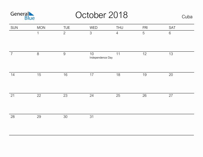 Printable October 2018 Calendar for Cuba