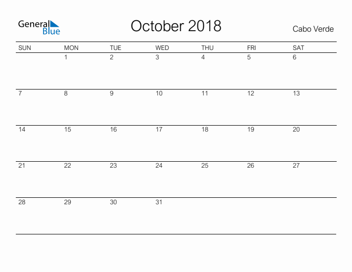Printable October 2018 Calendar for Cabo Verde
