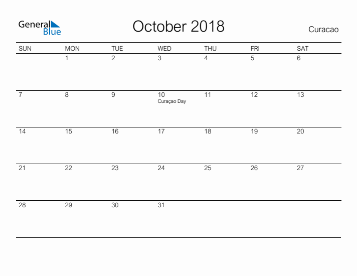 Printable October 2018 Calendar for Curacao