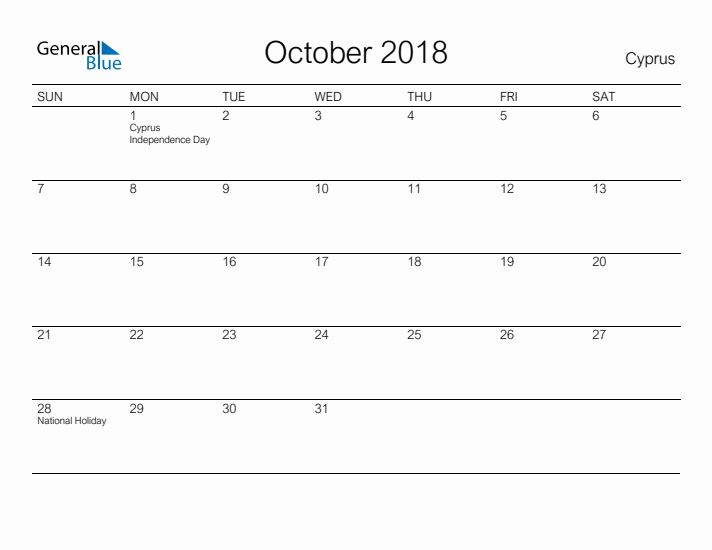 Printable October 2018 Calendar for Cyprus